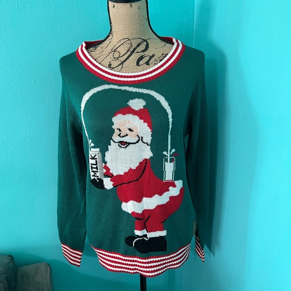 EUC Tipsy Elves Santa Drinking Milk Christmas Long Sleeve Sweater - Picture 1 of 6